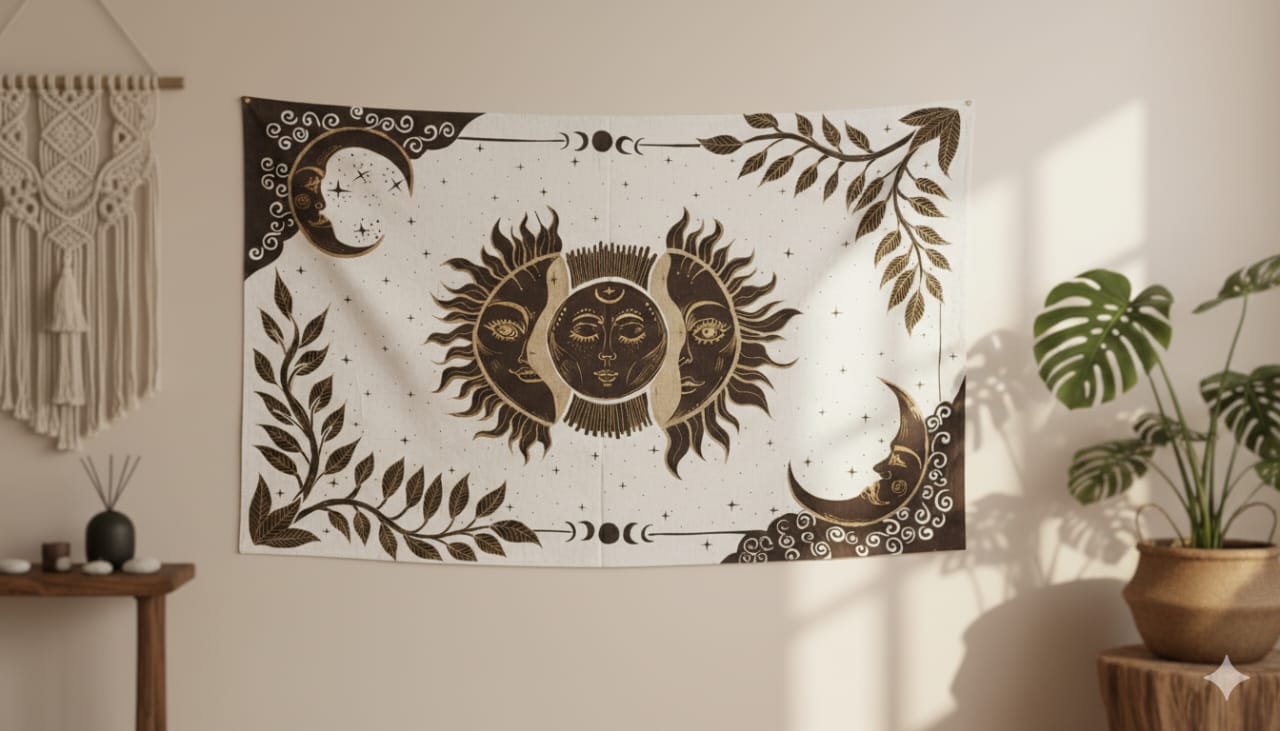 Celestial Khadi Wall Tapestry – Sun & Moon Design