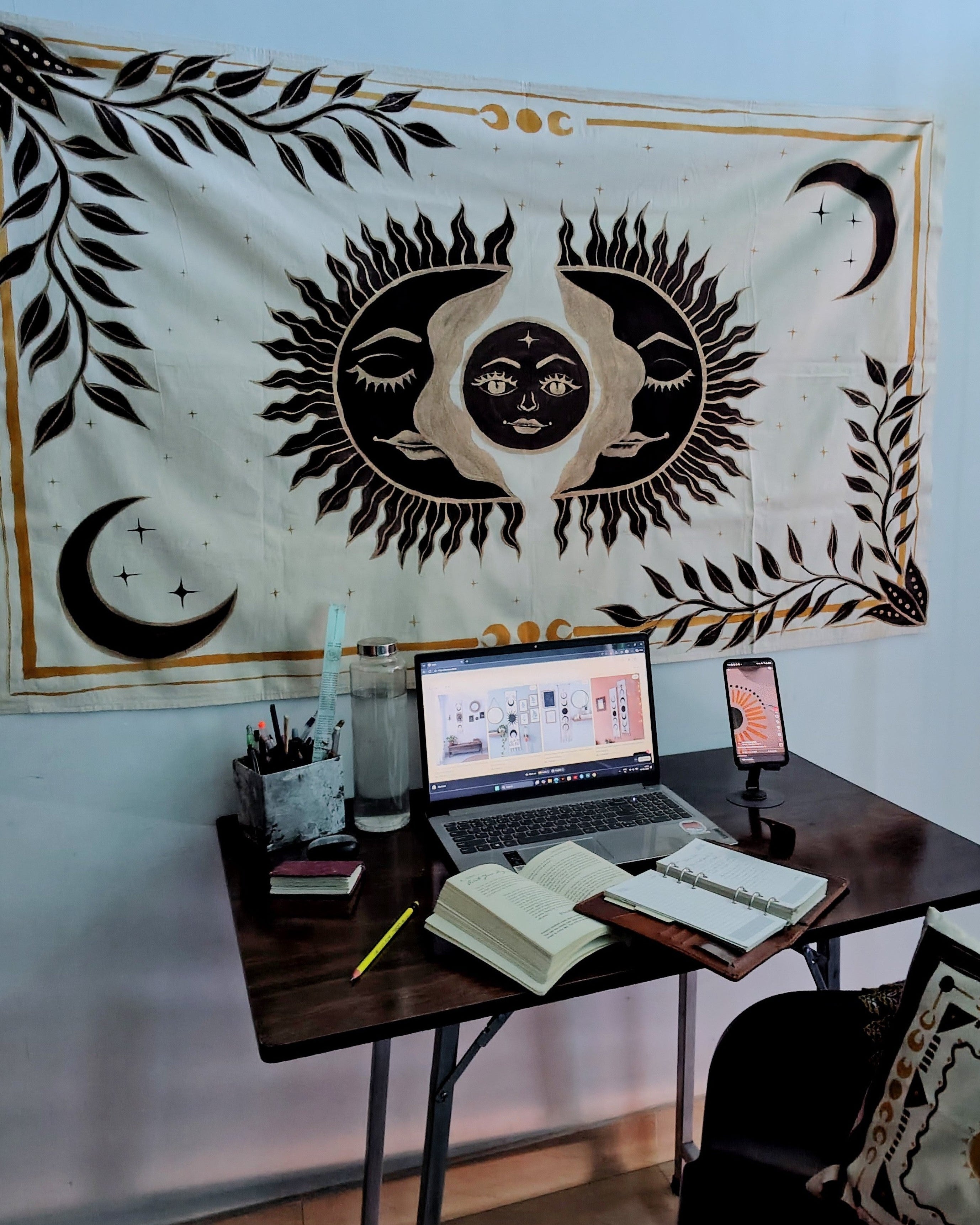 Sun and Moon Tapestry – Hand Painted Wall Hanging | Large Aesthetic Boho Decor