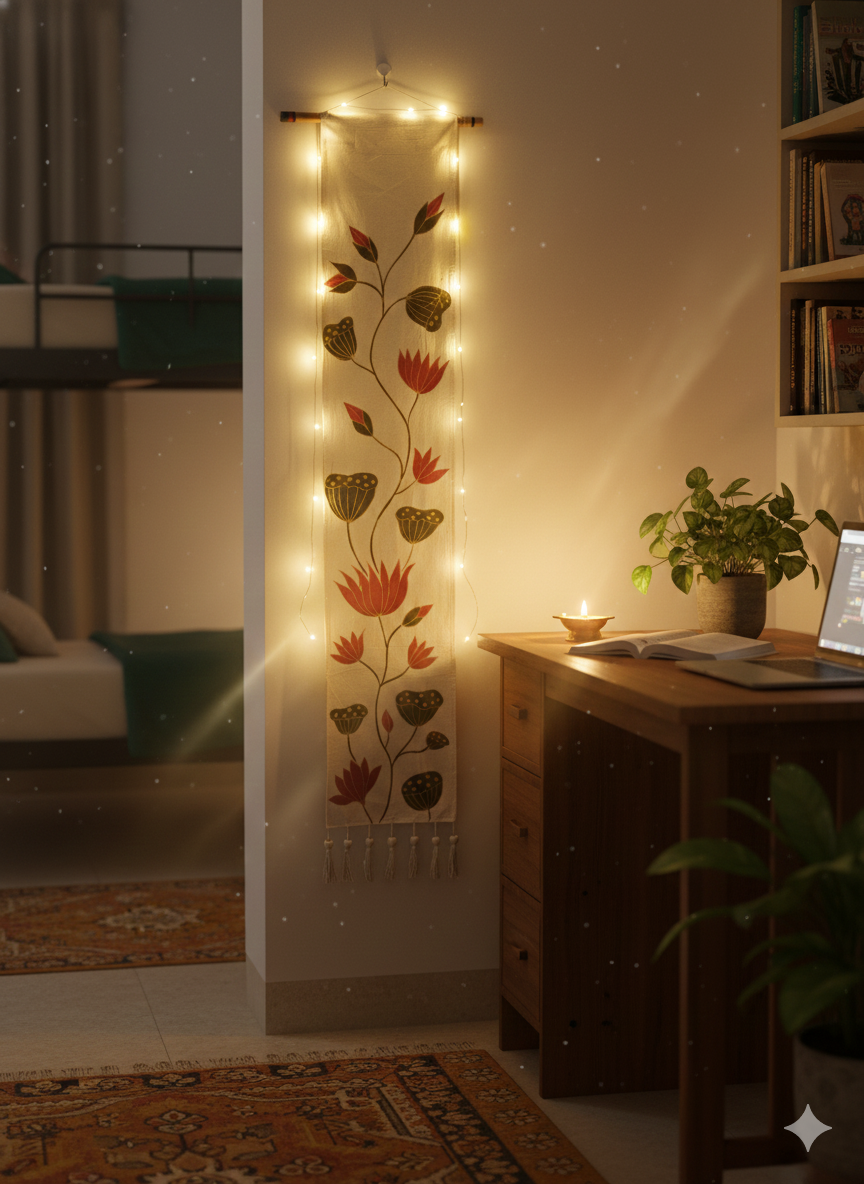 Hand-Painted Lotus Vine Wall Tapestry