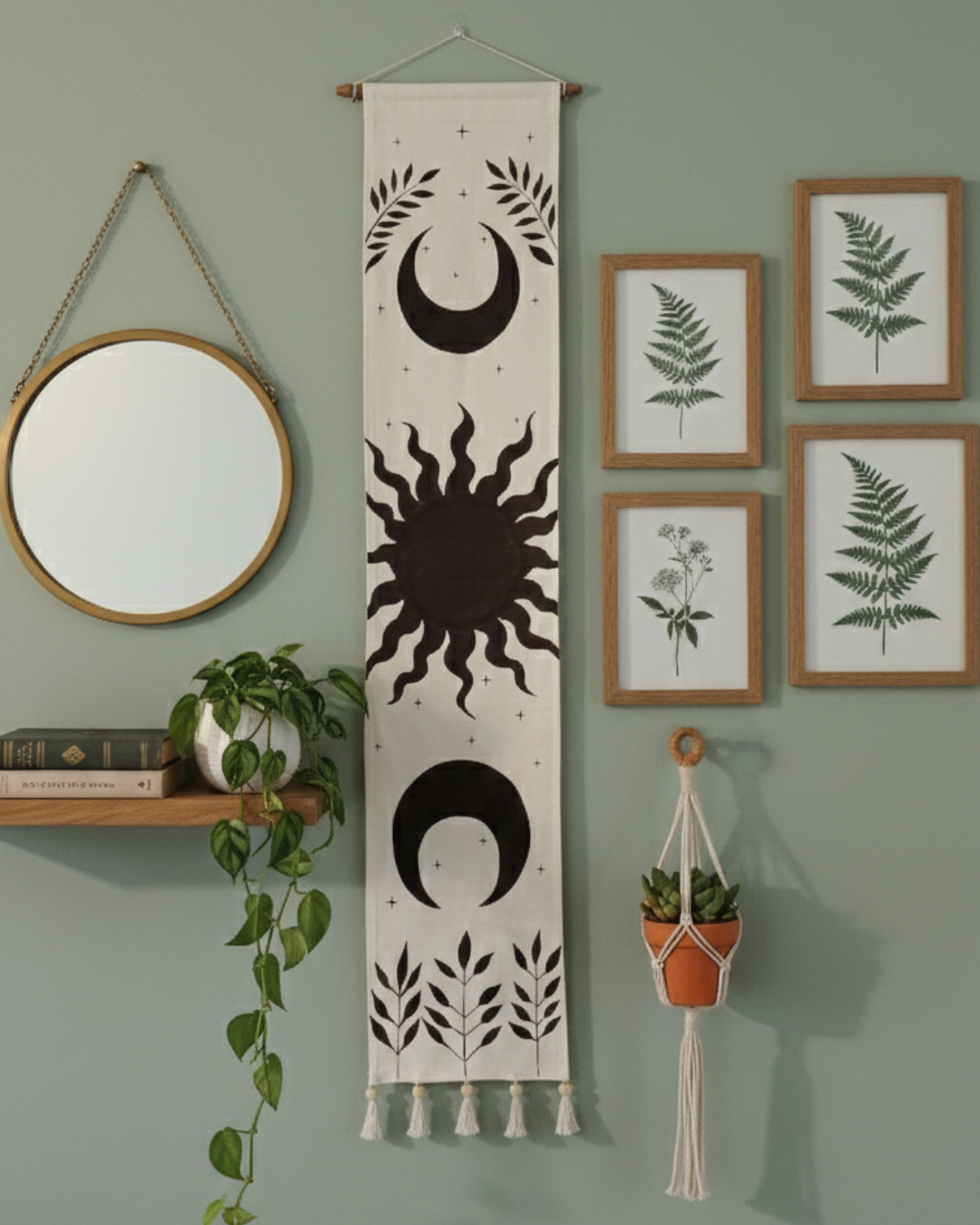 Sun & Moon Celestial Wall Tapestry – Hand-Painted Boho Hanging