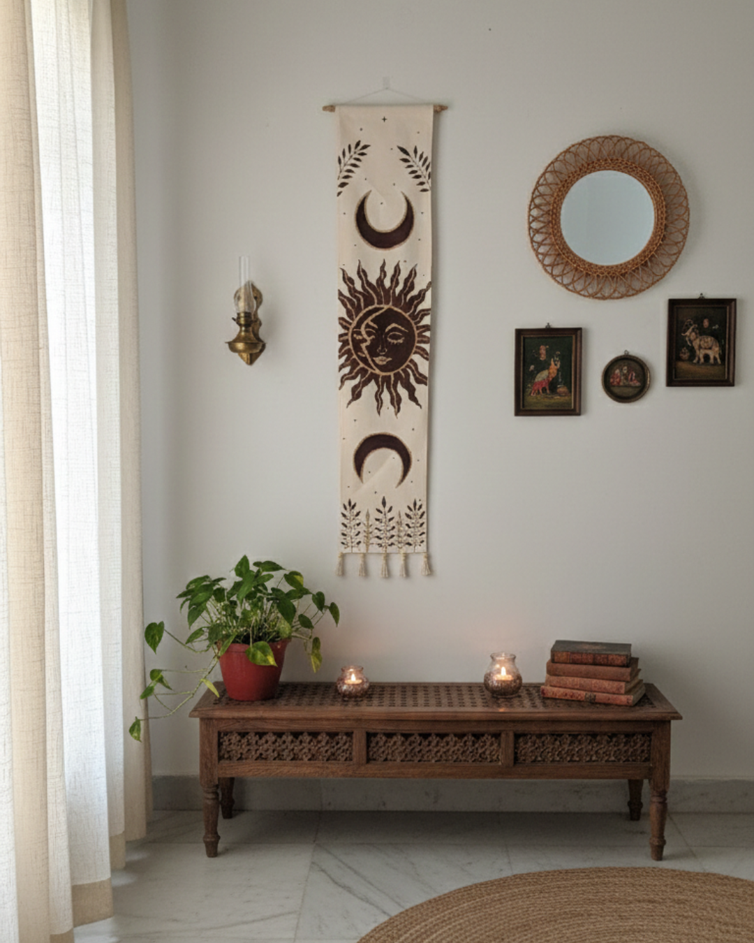 Sun & Crescent Moon Wall Tapestry – Hand-Painted Celestial Hanging