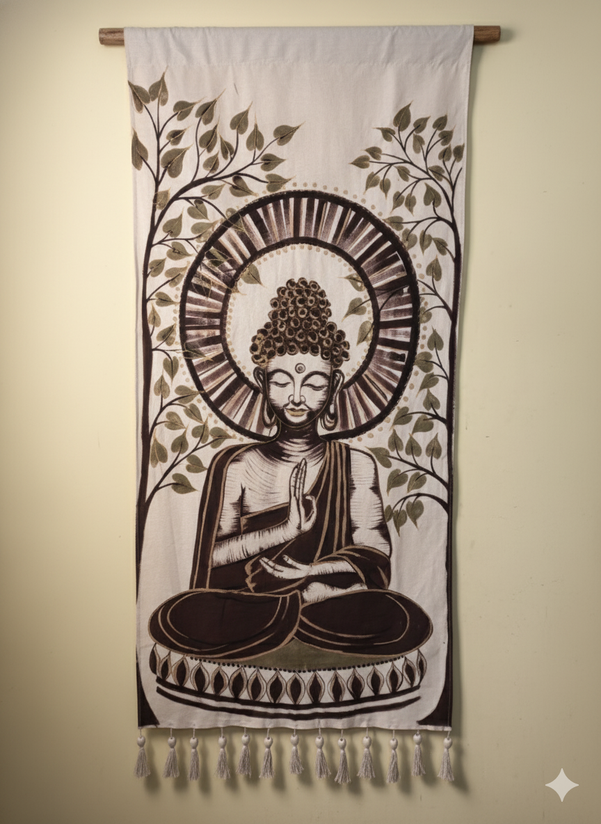 “The Enlightened Calm” – Hand-Painted Buddha Tapestry