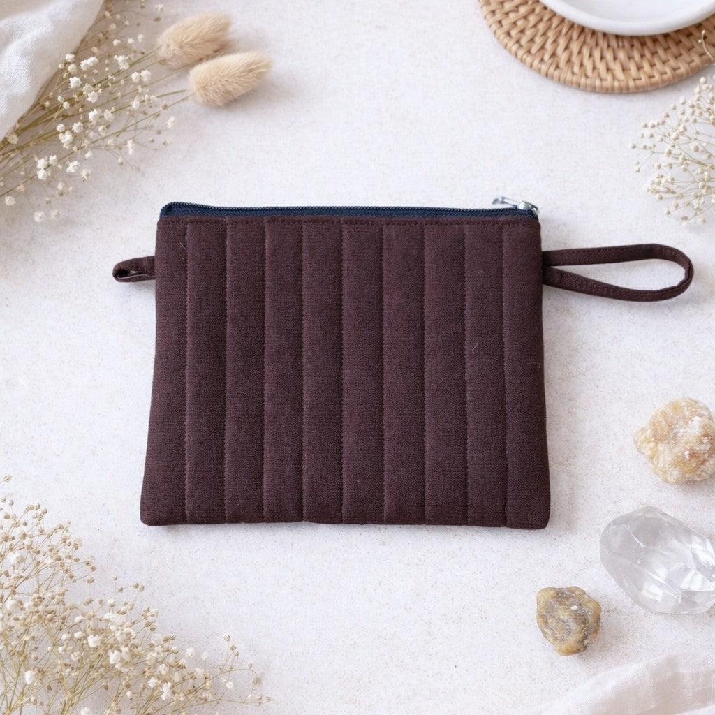 Chocolate Brown Celestial Quilted Pouch – 21 × 15 cm