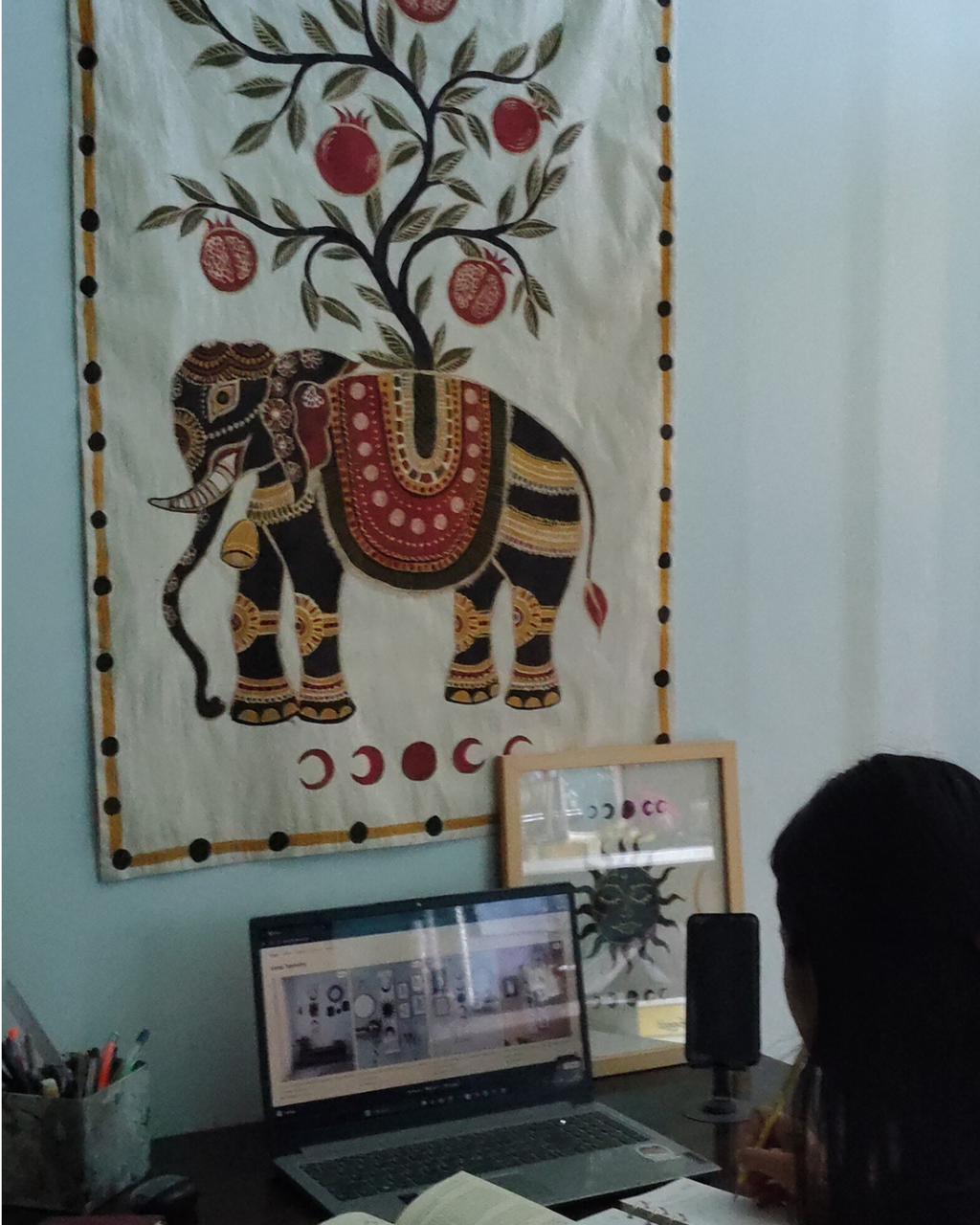 Elephant & Pomegranate Tree Wall Tapestry – Hand Painted Art