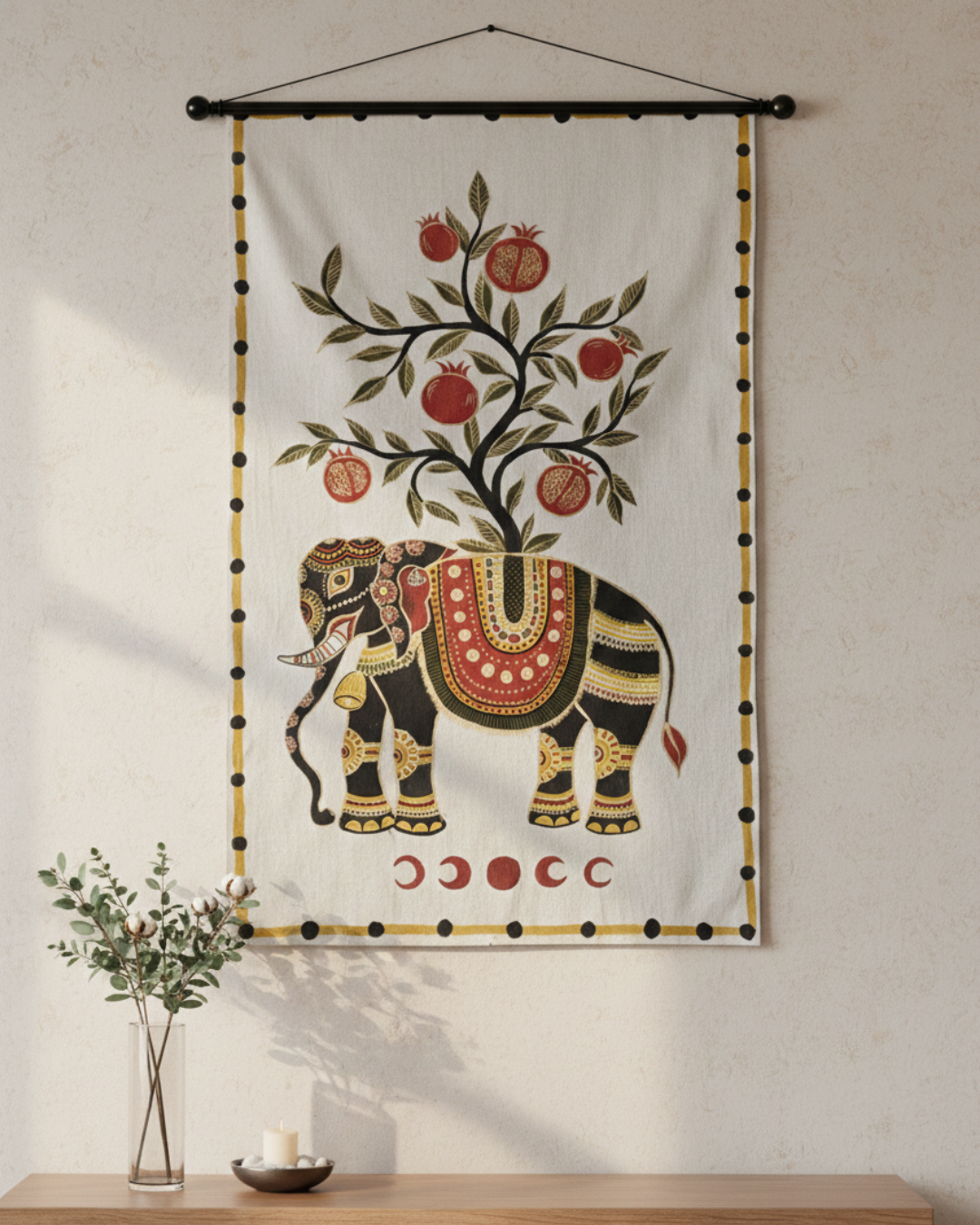 Elephant & Pomegranate Tree Wall Tapestry – Hand Painted Art