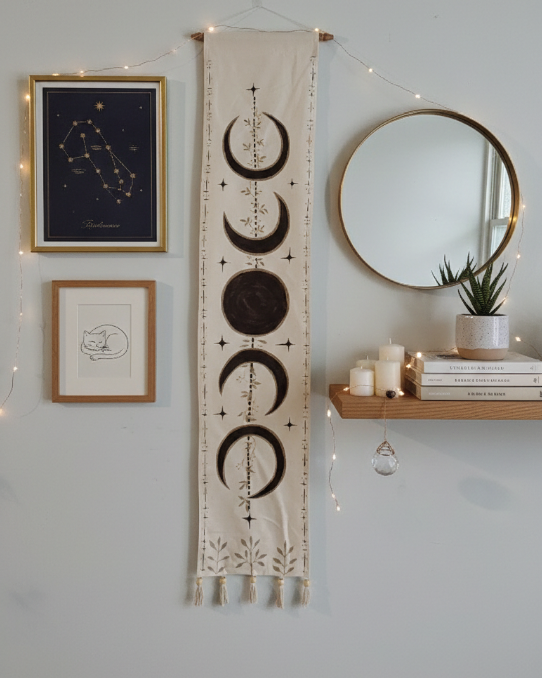 Vertical Moon Phase Wall Tapestry – Hand-Painted Celestial Hanging