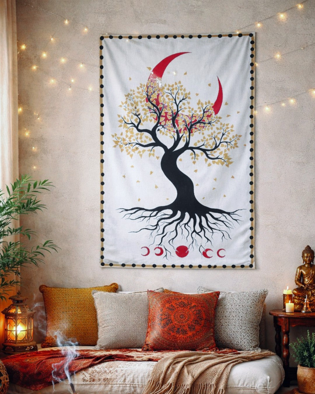Tree of Life Moon Phase Wall Tapestry | Hand-Painted Art