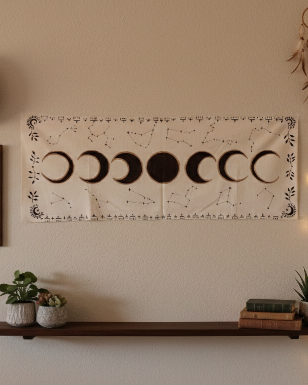 Celestial Moon Phase & Constellation Tapestry – Hand-Painted Wall Art