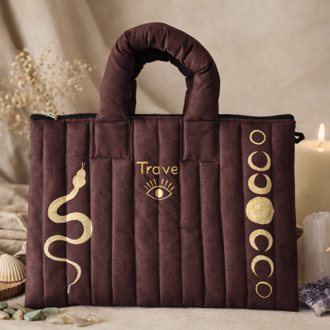 Trove Hand-Painted Quilted Laptop Bag – Serpent &amp; Moon Phases Design
