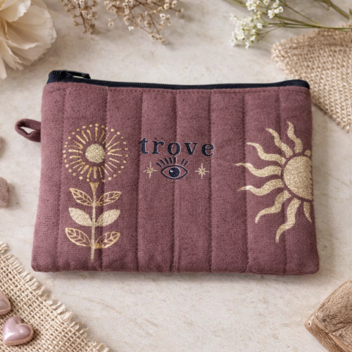 Hand-Painted Dull Pink Sun & Bloom Pouch – 10 x 15 cm