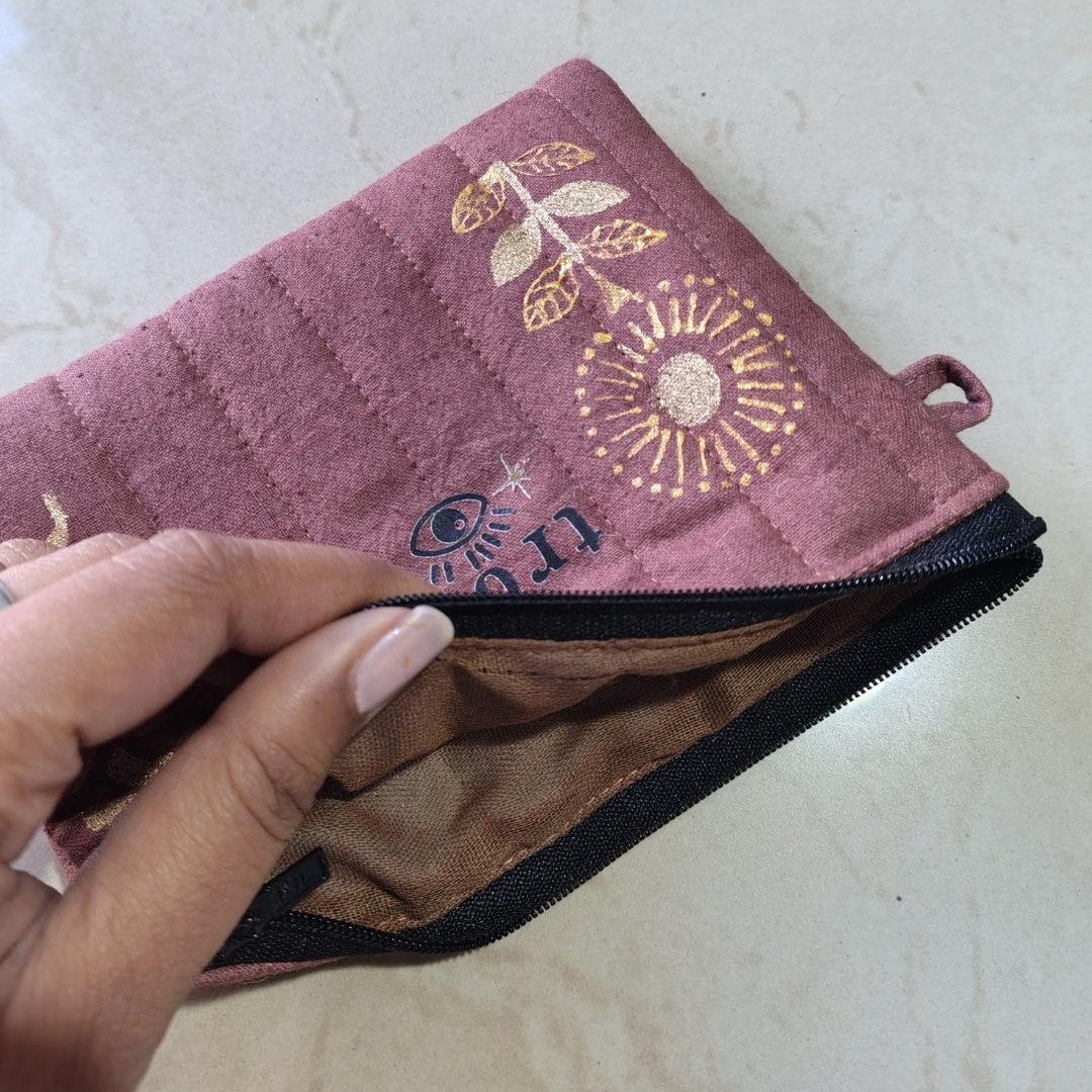 Hand-Painted Dull Pink Sun & Bloom Pouch – 10 x 15 cm