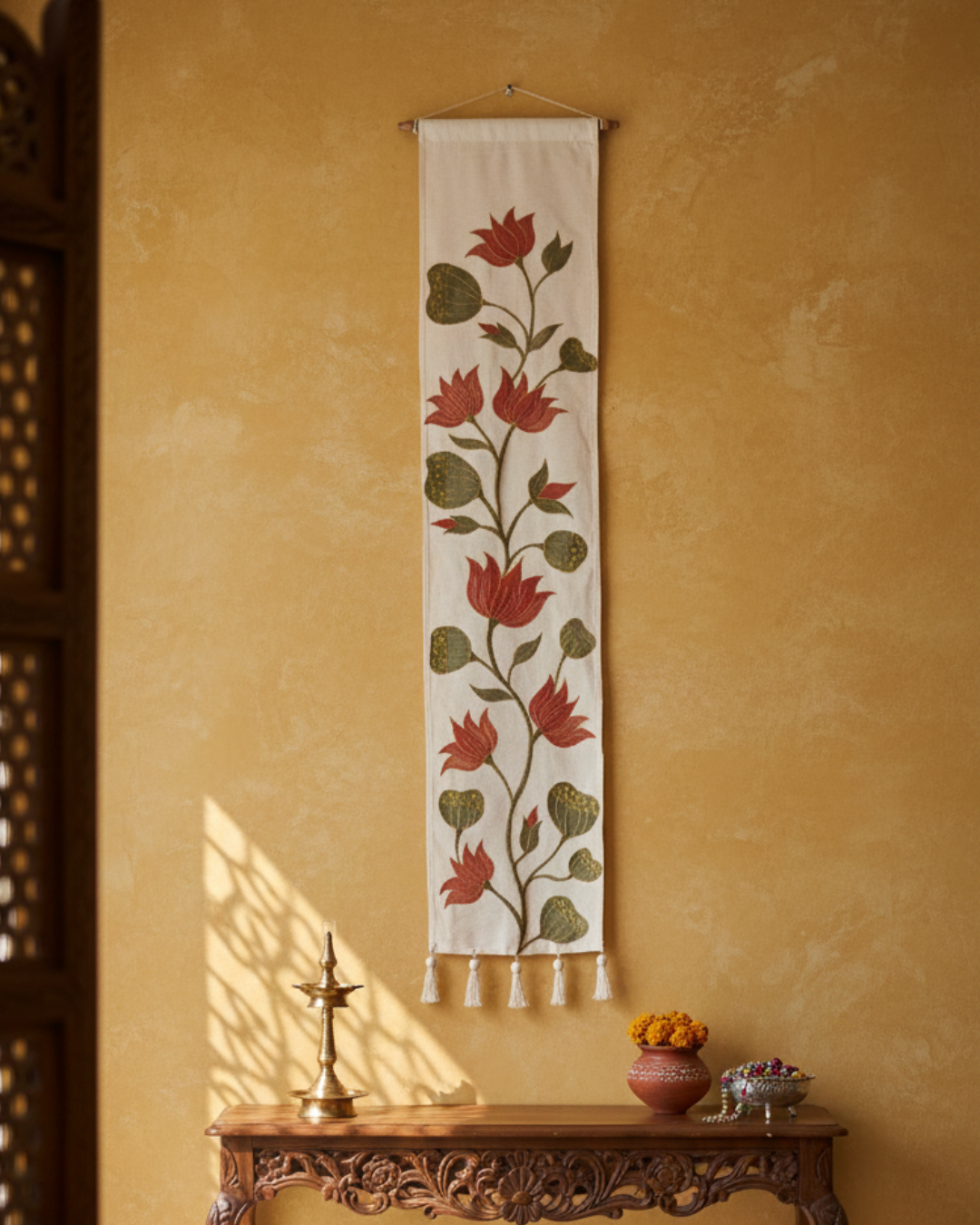 Hand-Painted Lotus Vine Wall Tapestry