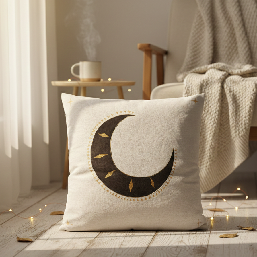 Decorative pillow with a moon design on a wooden floor in a cozy room.