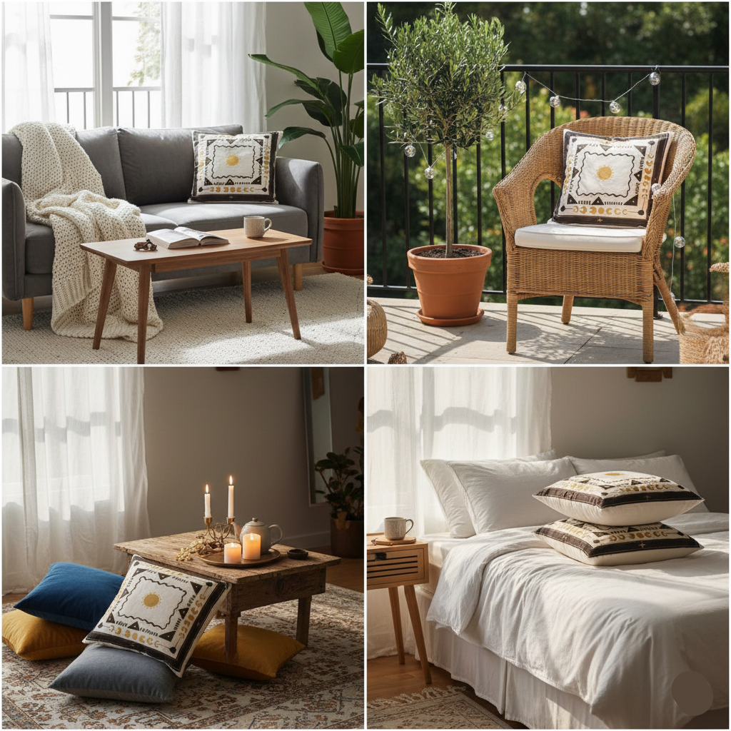 Collage of home decor items including a sofa, coffee table, chair, and bed with decorative pillows.