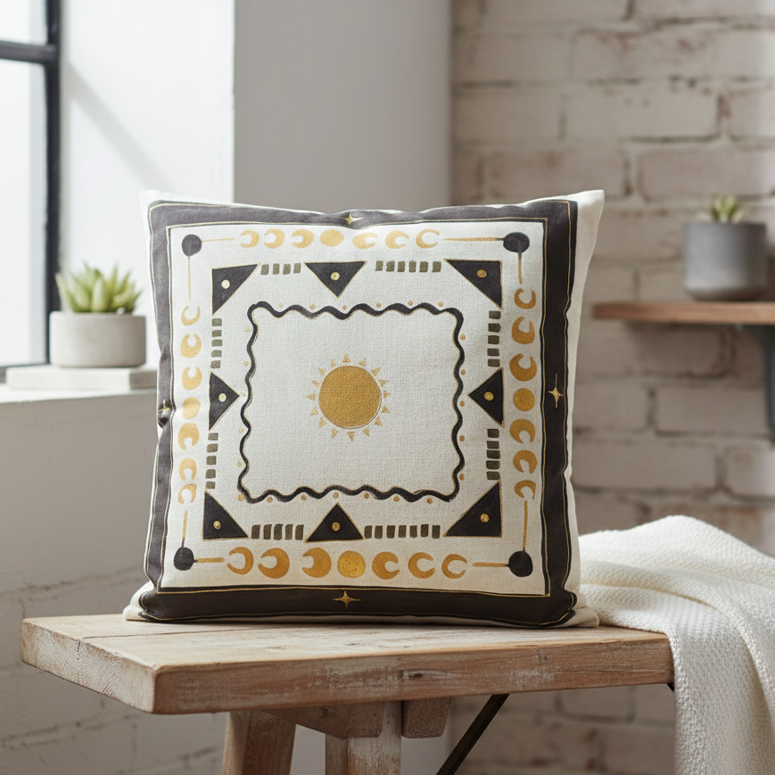 Decorative pillow with geometric design on a wooden stool against a brick wall.