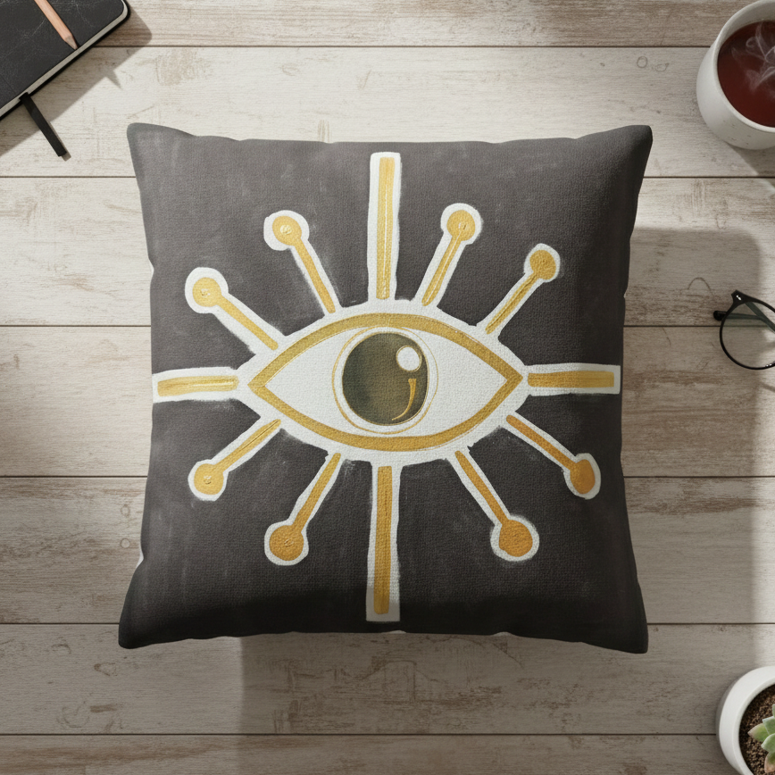 Decorative pillow with eye design on a wooden surface with a notebook, glasses, and plant.