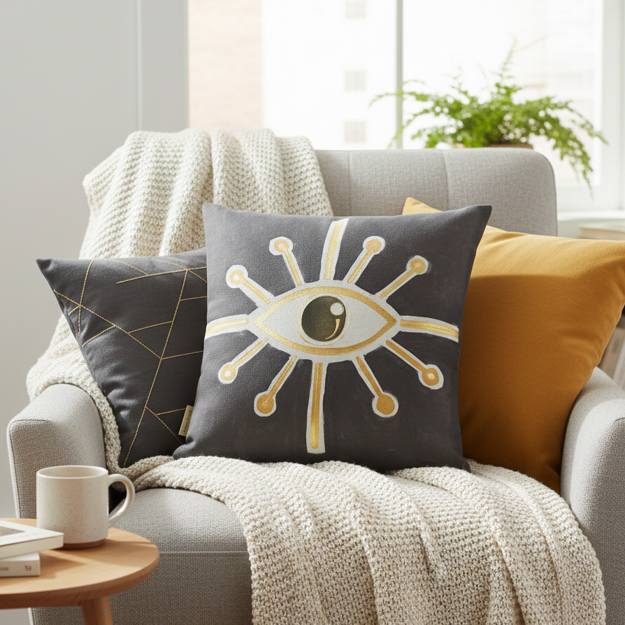 Gray armchair with decorative pillows and a blanket in a cozy living room setting.