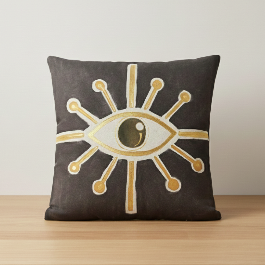 Decorative pillow with eye design on a wooden surface and light gray background