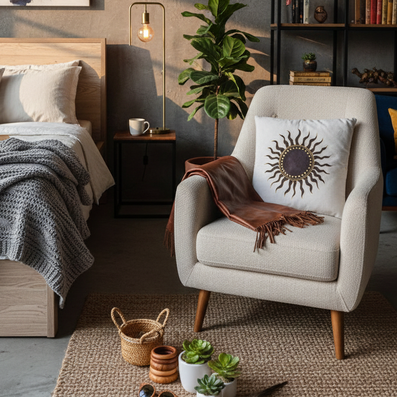 Cozy bedroom with a bed, armchair, and decorative elements.