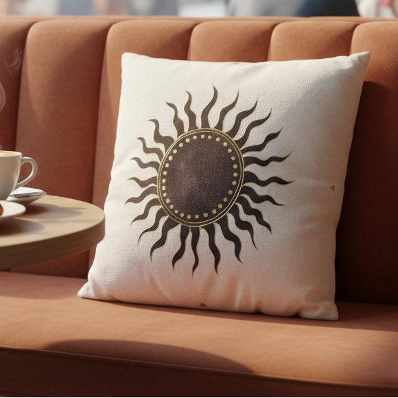 Café interior with a brown booth, sun-patterned pillow, and people in the background.