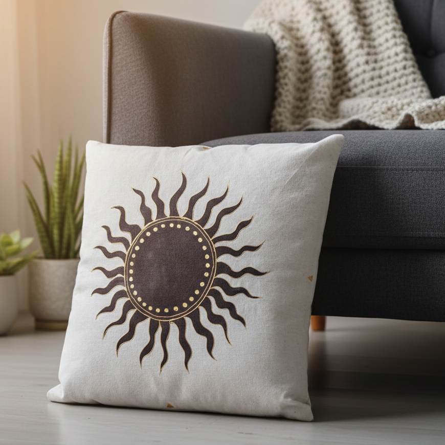 Decorative pillow with sun design on a couch in a living room setting