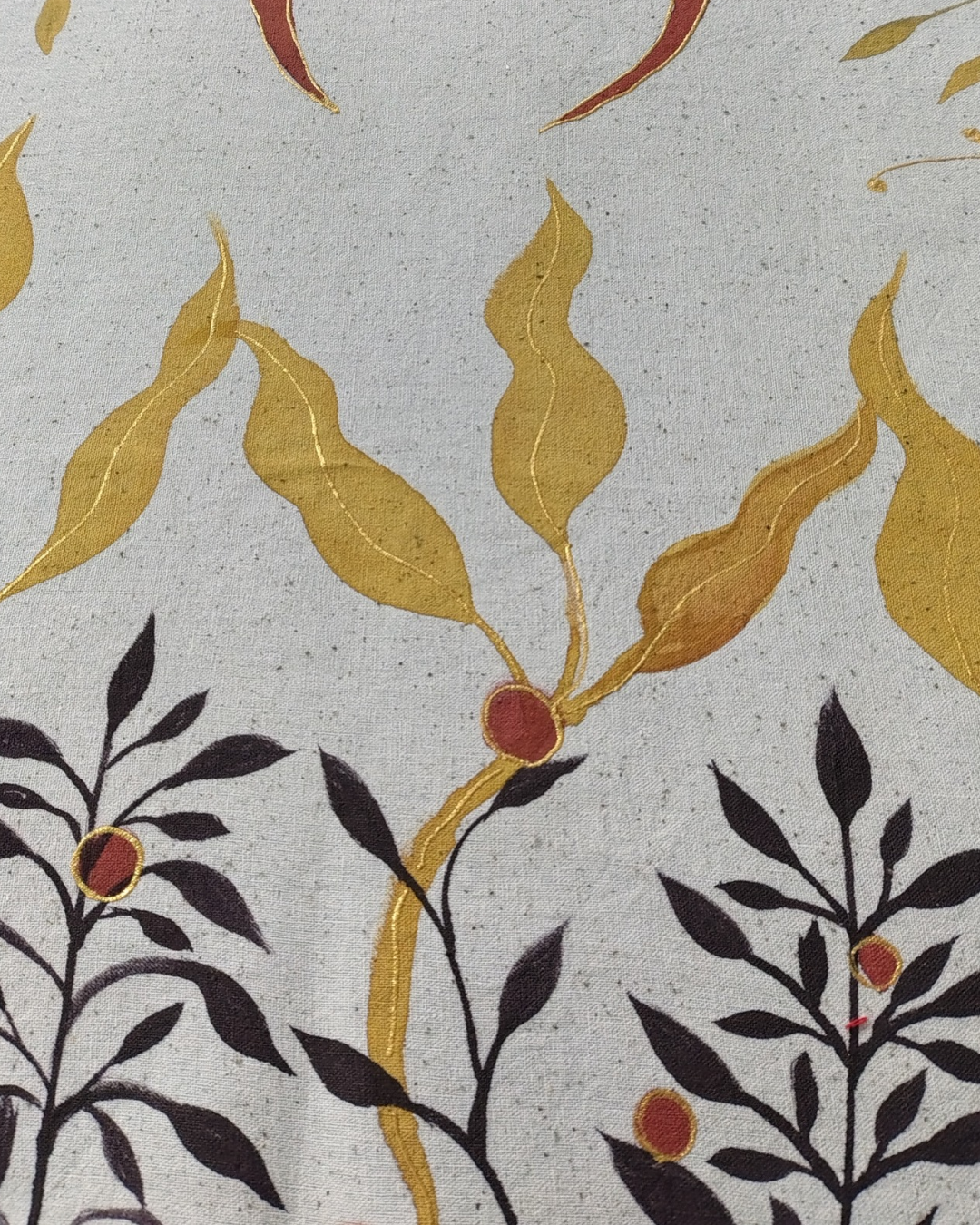 Decorative pattern with gold, black, and red leaves on a textured background, sun and moon hand painted tapestry, luxury room decor good for gifting