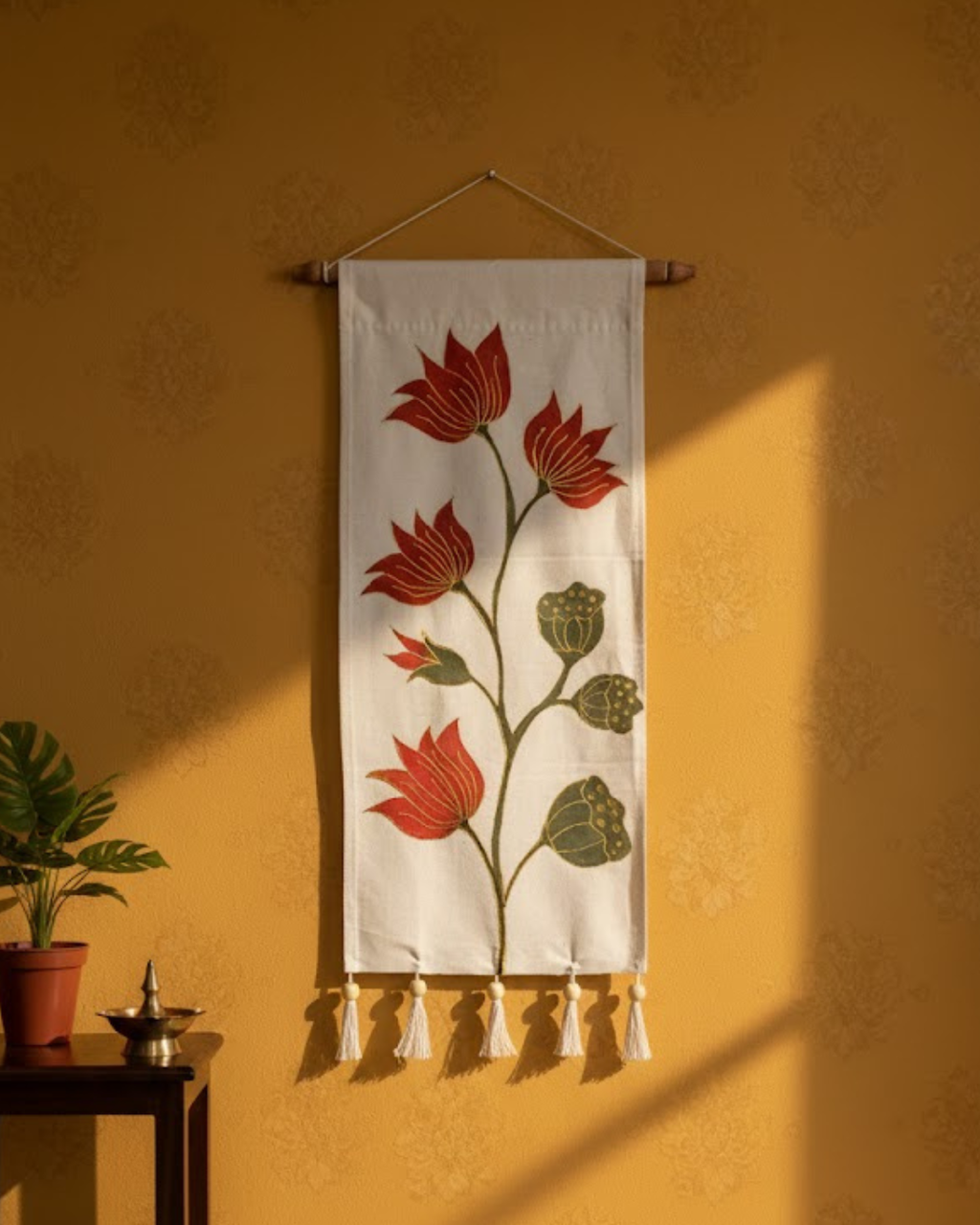 Decorative wall hanging with floral design on a yellow wall. aesthetic tapestry, hand painted, luxury decor