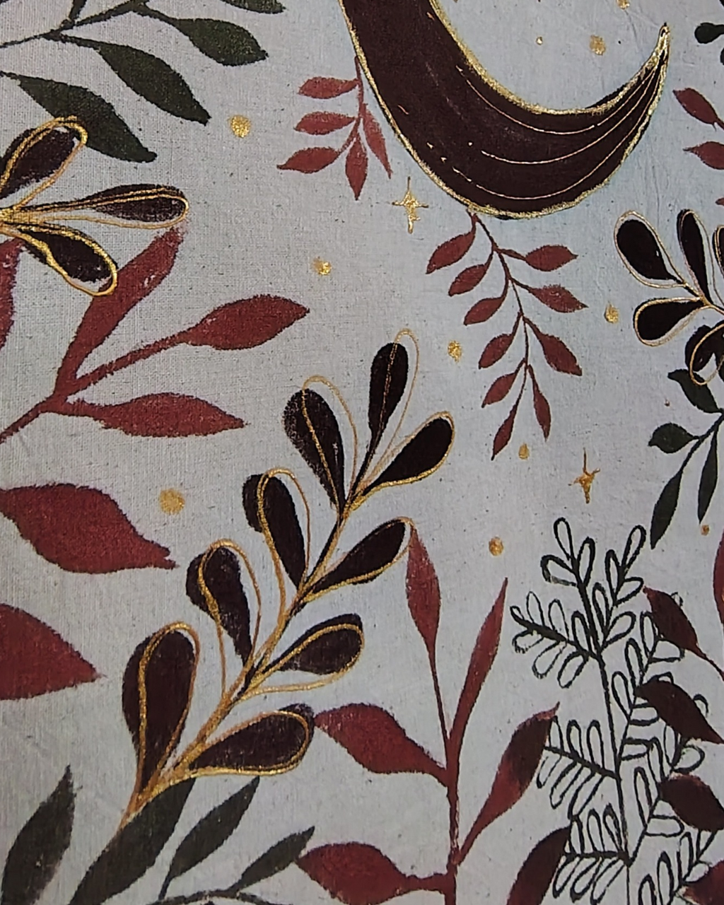 Patterned fabric with leaves, flowers, and abstract shapes on a gray background
