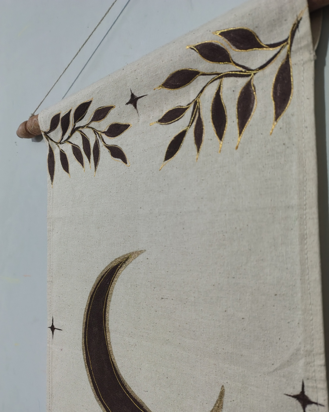Textile with leaf and moon designs on a light background, hand painted room decor luxury item for gifting